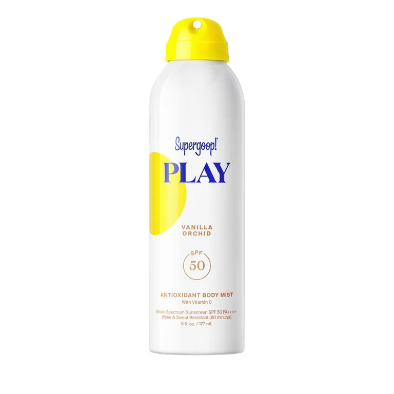 Supergoop PLAY Antioxidant Body Mist SPF 50 Vanilla Orchid 6 fl oz white can with yellow cap