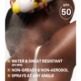 Person applying sunscreen spray with SPF 50 label, highlighting water and sweat resistance, non-greasy properties, and spray angle.