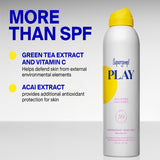 Supergoop! Play whipped coconut sunscreen spray with text about SPF benefits on a gray background