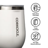 Corkcicle tumbler with features listed on a white background
