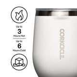 Corkcicle insulated tumbler with temperature retention information on a white background