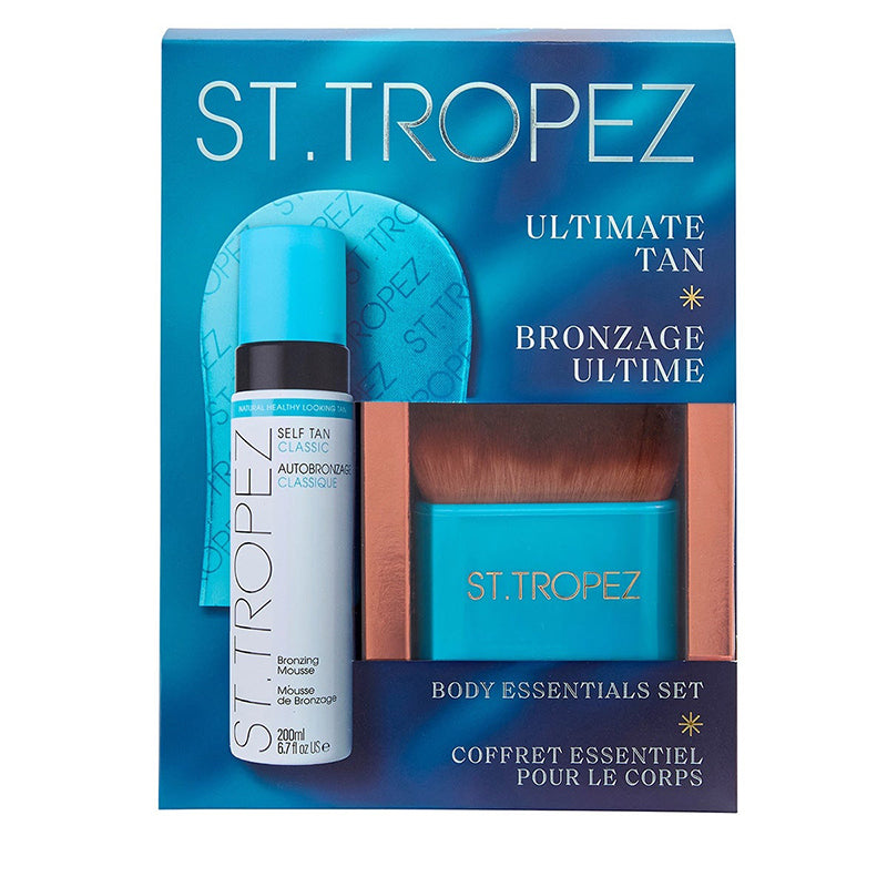 St. Tropez Ultimate Tan Body Essentials Set packaging with self-tan, brush, and mousse.