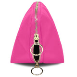 KUSSHI | Vacationer Makeup Bag — Flamingo Pink/Sunshine Yellow, Bright pink zippered pouch with a gold-tone zipper and keyring attachment, shown against a plain white background.