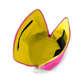KUSSHI | Vacationer Makeup Bag — Flamingo Pink/Sunshine Yellow, An open zippered pouch or small bag shown from above on a white background, with a bright yellow interior, hot pink exterior, black mesh pocket, and black zipper track.