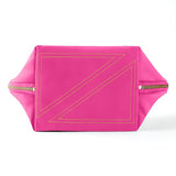 KUSSHI | Vacationer Makeup Bag — Flamingo Pink/Sunshine Yellow, A bright pink zippered pouch or cosmetic bag with geometric yellow stitching on the front, shown against a plain white background.