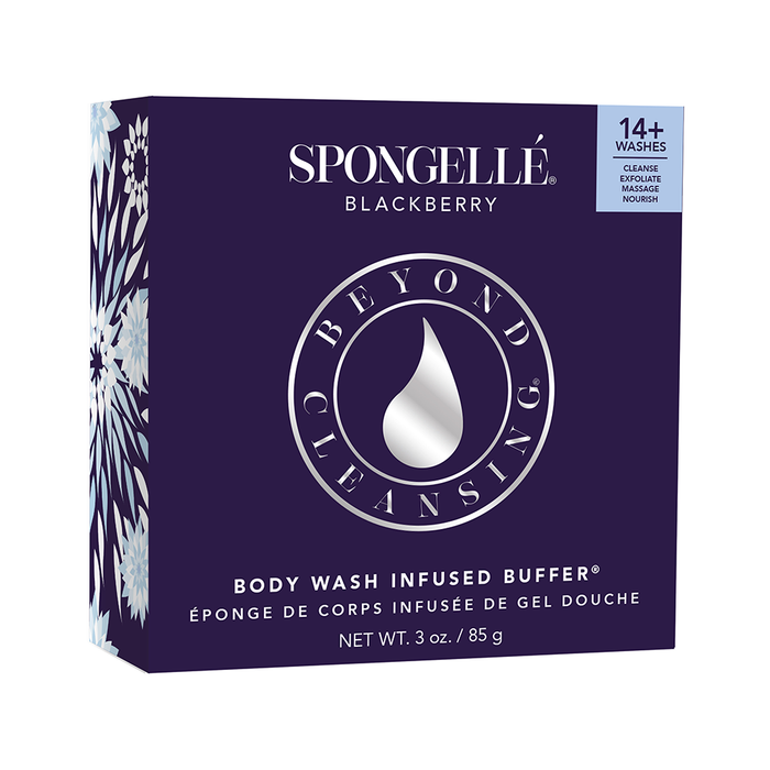 A boxed Spongellé Blackberry Body Wash Infused Buffer, with the product's features and scent notes listed on the packaging.