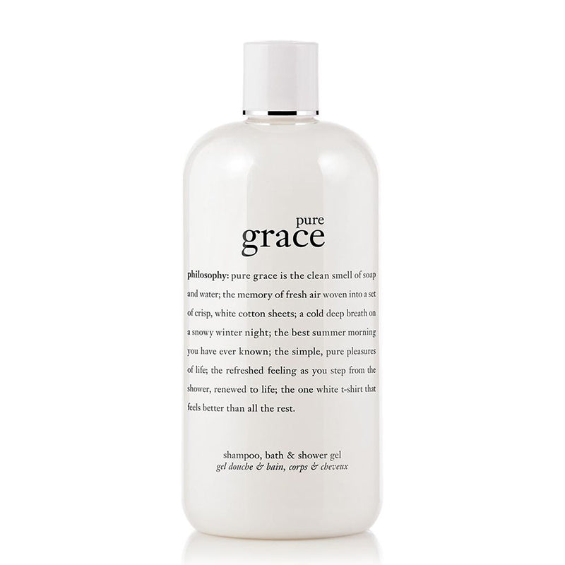 A white bottle of Philosophy Pure Grace Shampoo, Shower Gel & Bubble Bath with black and green label text, displayed against a white background.